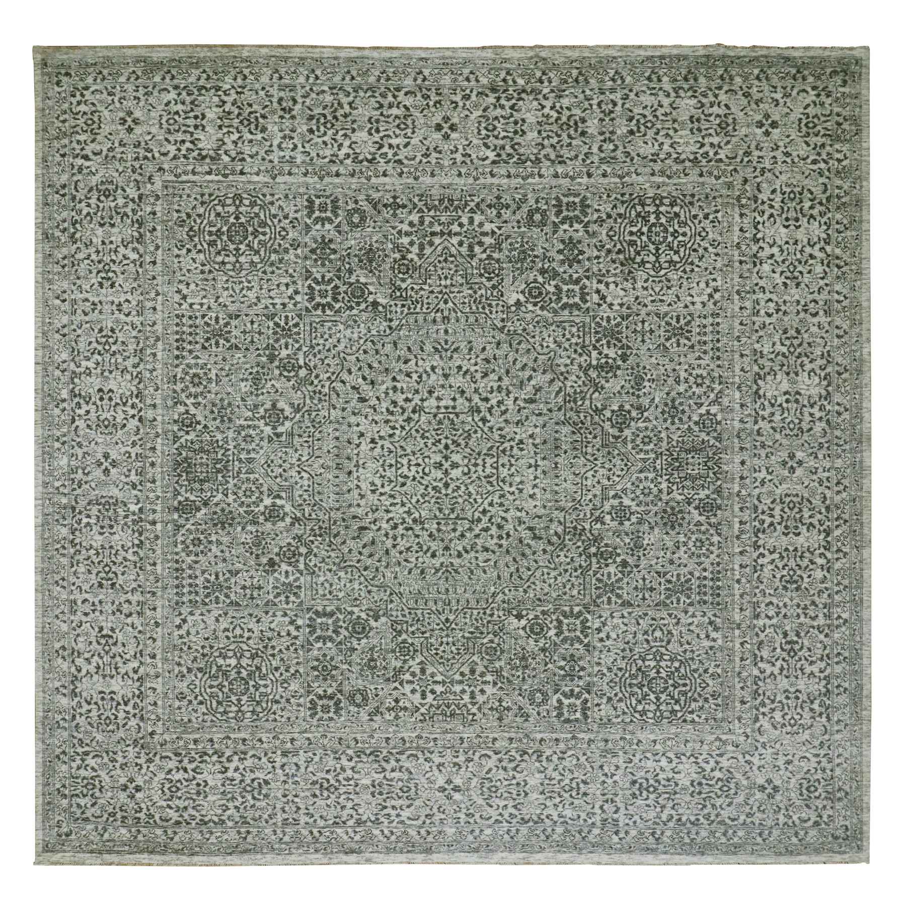 10'x10' Duck White and Rusty Gray, Hand Knotted Undyed Mamluk Dynasty Pattern, Tone on Tone, Shiny Wool, Oriental Square Rug 